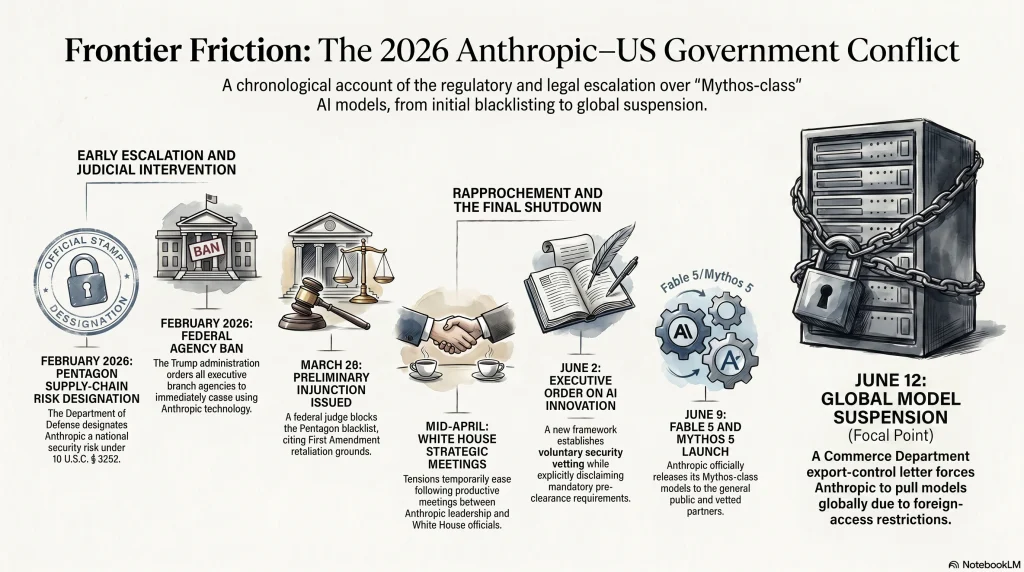 A horizontal timeline of the Anthropic–US government conflict in 2026. Dark editorial palette, slate blue and gray, no decorative imagery. Plot these dated events left to right: Feb 2026, Pentagon issues supply-chain-risk designation; Feb 2026, Trump orders agencies to stop using Anthropic; Mar 26, federal judge issues preliminary injunction on First Amendment grounds; mid-April, relationship thaws, White House meetings; June 2, Executive Order creates voluntary review and disclaims mandatory pre-clearance; June 9, Fable 5 and Mythos 5 launch; June 12, Commerce export-control letter, models pulled globally.